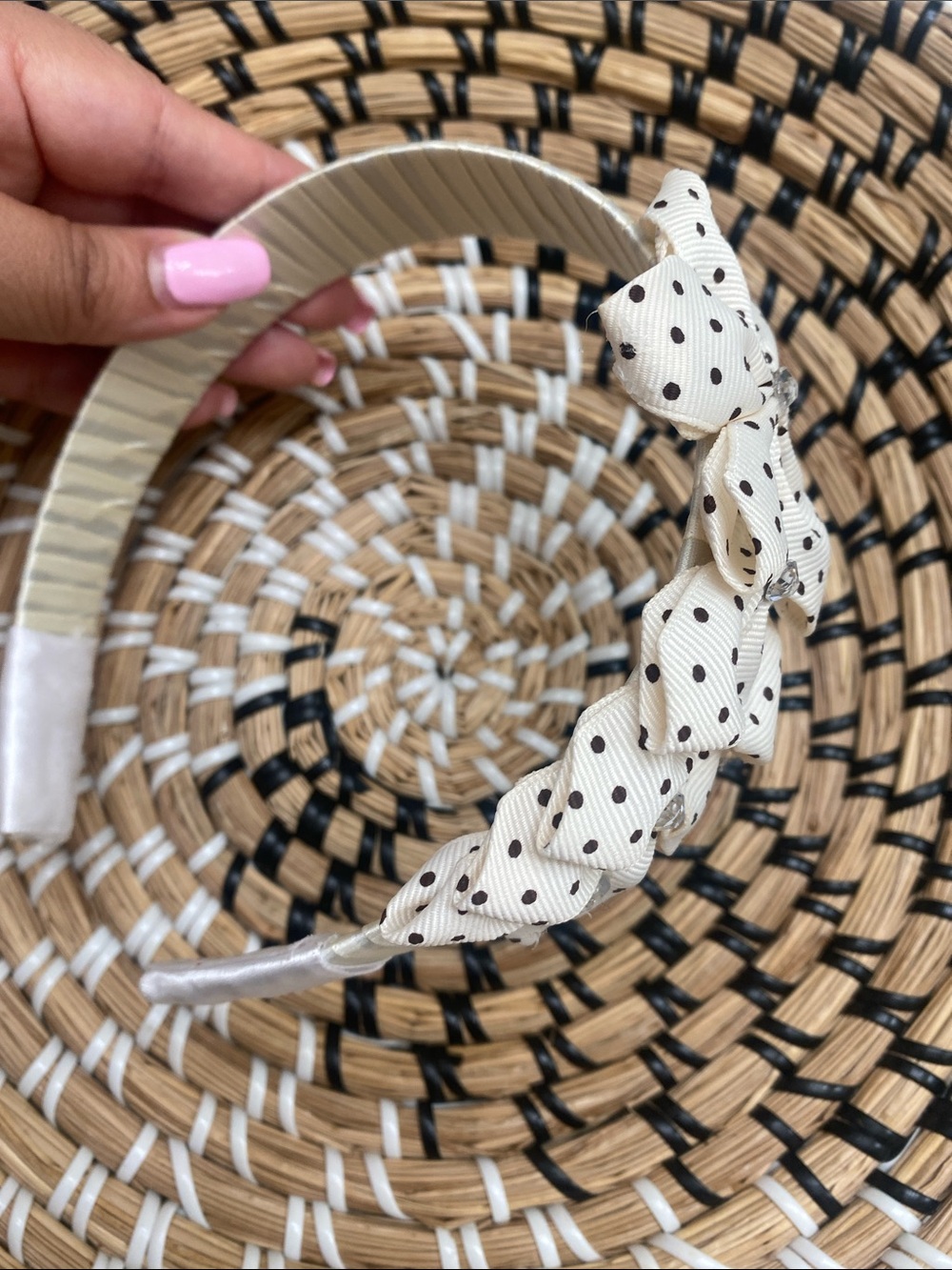 Cream Polka Dot Bow Headband- Handcrafted - Picture 6 of 6
